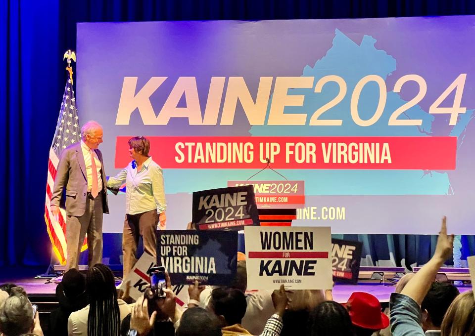Former Virginia Secretary of Education, Anne Holton, introduces her husband, U.S. Senator Tim Kaine at the launch of his first campaign tour of the 2024 election season in downtown Richmond, Virginia, on Tuesday.
