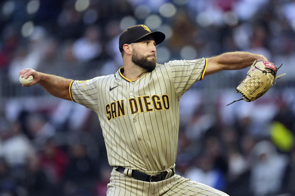 San Diego Padres starting pitcher Michael Wacha delivers in the first inning of the team's baseball game against the Atlanta Braves, Saturday, April 8, 2023, in Atlanta. (AP Photo/John Bazemore)