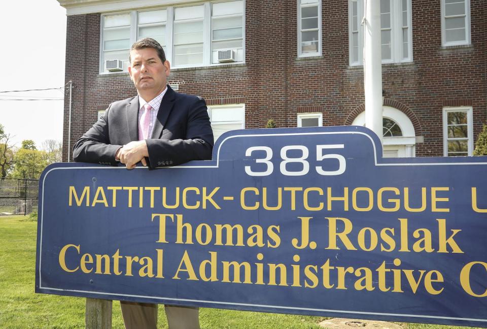 Shawn C. Petretti, superintendent of schools for the Mattituck-Cutchogue School District in New York, stands outside the district’s administration building. <a href="https://www.gettyimages.com/detail/news-photo/shawn-c-petretti-superintendent-of-schools-for-the-news-photo/1486809930?adppopup=true" rel="nofollow noopener" target="_blank" data-ylk="slk:John Paraskevas/Newsday RM via Getty Images;elm:context_link;itc:0;sec:content-canvas" class="link ">John Paraskevas/Newsday RM via Getty Images</a>