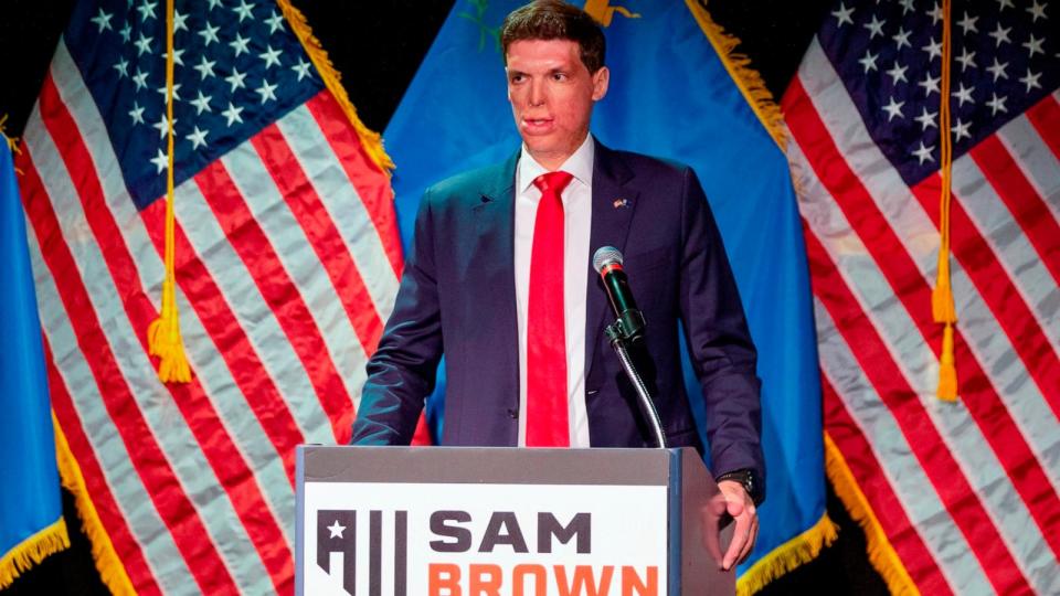 PHOTO: Republican senatorial candidate Sam Brown speaks at an election night party, June 11, 2024, in Reno, Nev.  (Tom R. Smedes/AP)