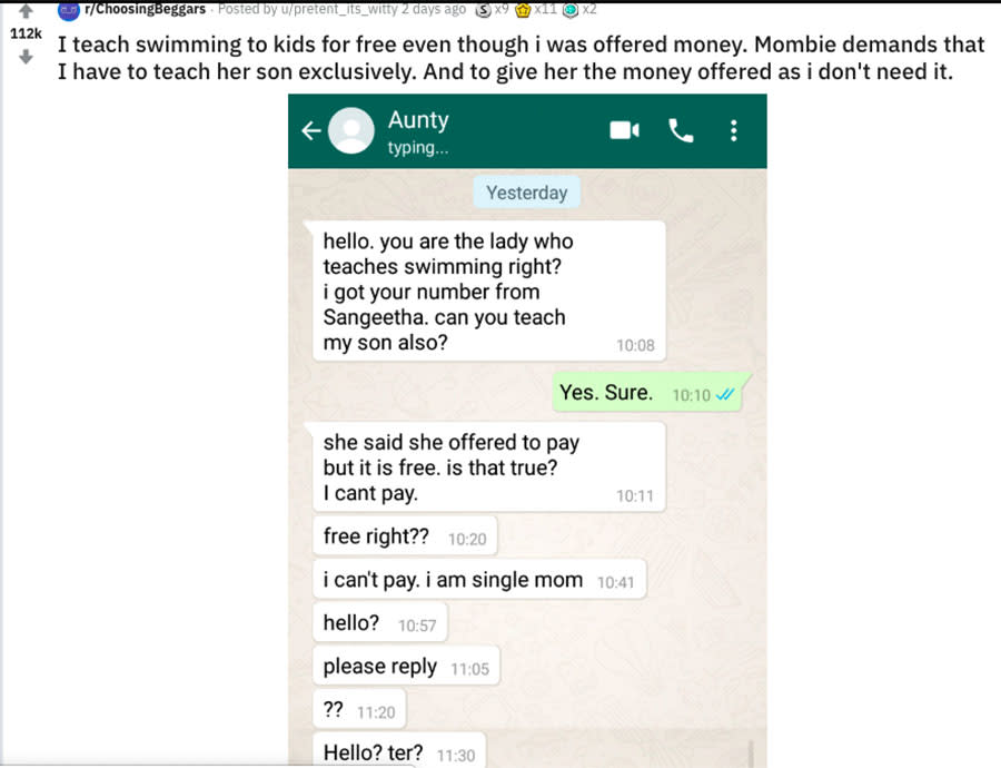 A woman who teaches swimming for free shared a text exchange with a mother online and it has left many in shock. Source: u/pretent_its_witty/ Reddit