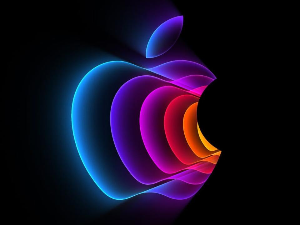 Neon colored Apple logo on a black background