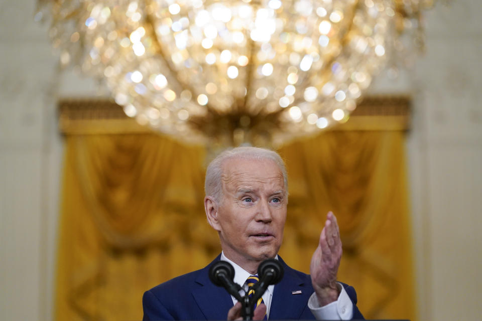 President Joe Biden speaks during a news conference in the East Room of the White House in Washington, Wednesday, Jan. 19, 2022. (AP Photo/Susan Walsh)