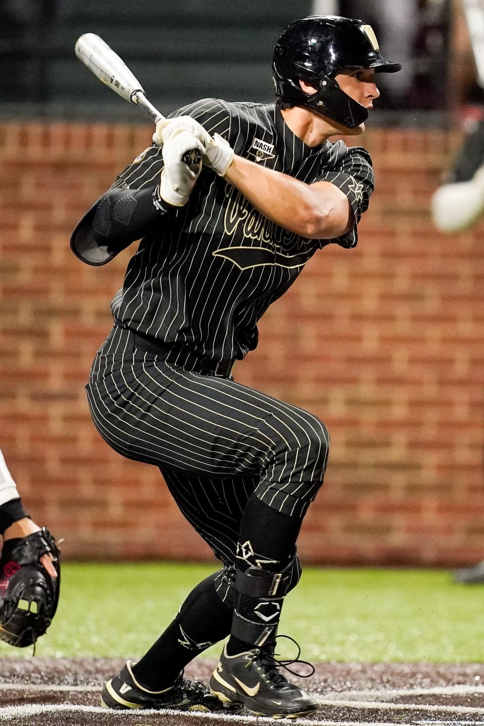 Vanderbilt right fielder Spencer Jones (34) hits a single against Texas A&M during the fourth inning at Hawkins Field in Nashville, Tenn., Thursday, April 28, 2022.