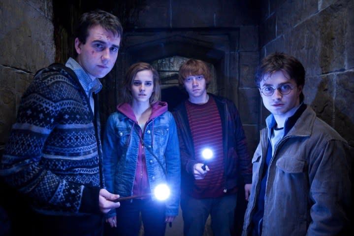 Neville, Hermione, Ron, and Harry inside a dark tunnel in HP and the Deathly Hallows Part 2.