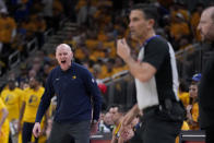 Indiana Pacers head coach Rick Carlisle reacts to a call during the first half of Game 6 against the New York Knicks in an NBA basketball second-round playoff series, Friday, May 17, 2024, in Indianapolis. (AP Photo/Michael Conroy)
