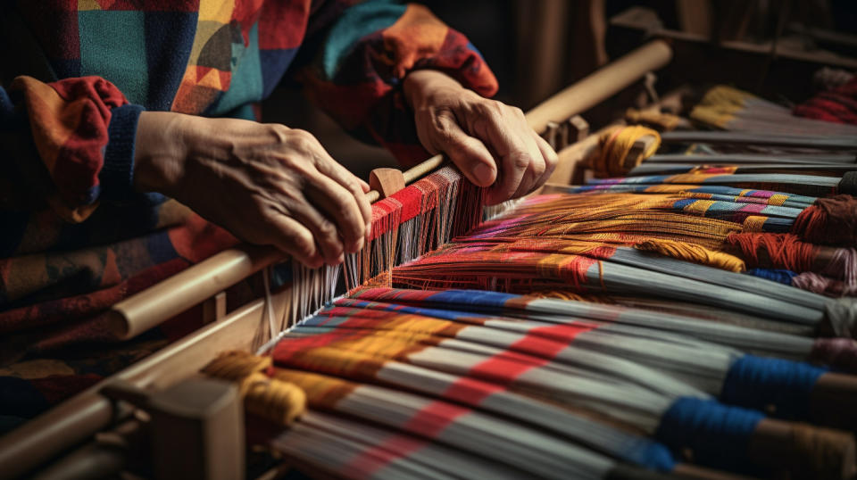 A close-up of a worker's hands using a loom to craft textile materials.