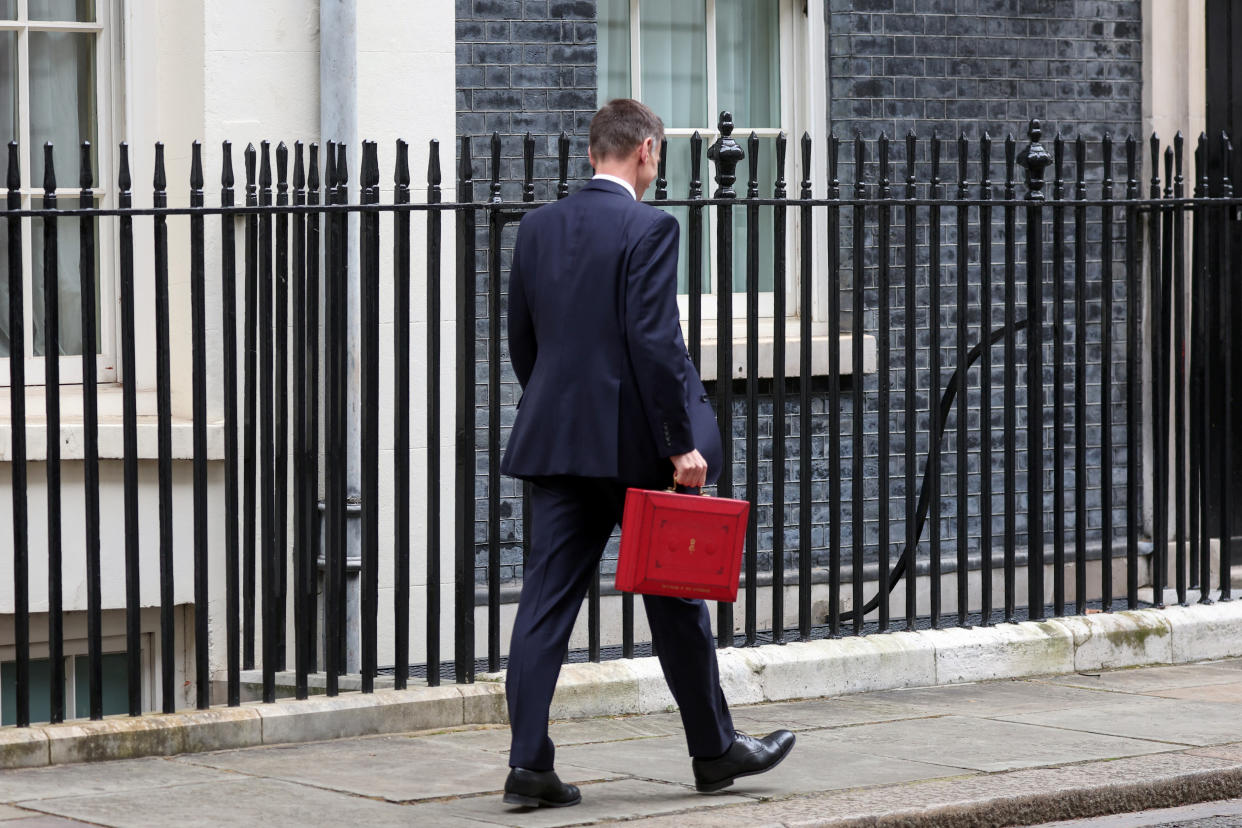 tax Britain's Chancellor of the Exchequer Jeremy Hunt holds the budget box at Downing Street in London, Britain March 15, 2023. REUTERS/Kevin Coombs