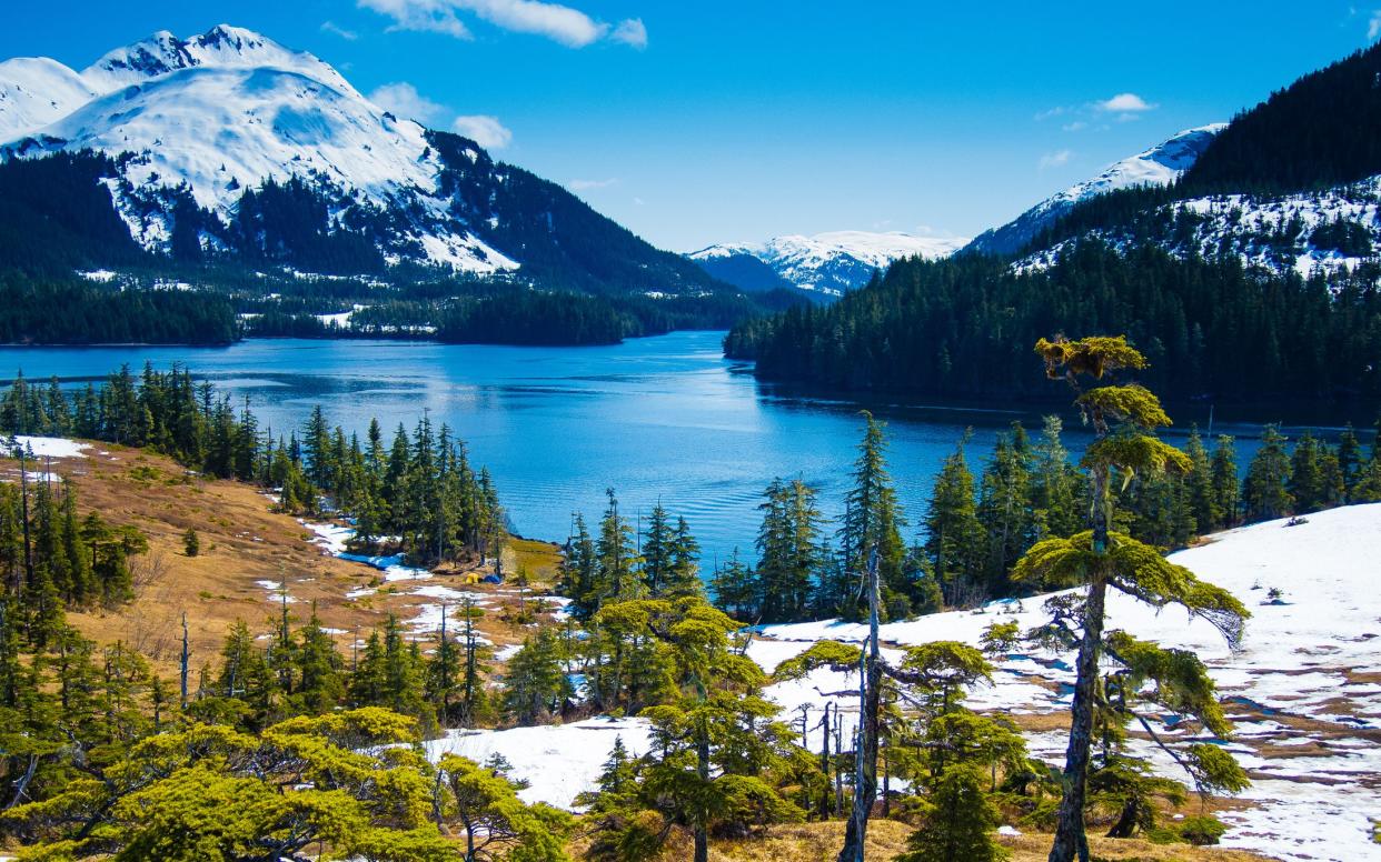 Snow melts slowly from the mountains as spring approaches at the end of May in south-central Alaska