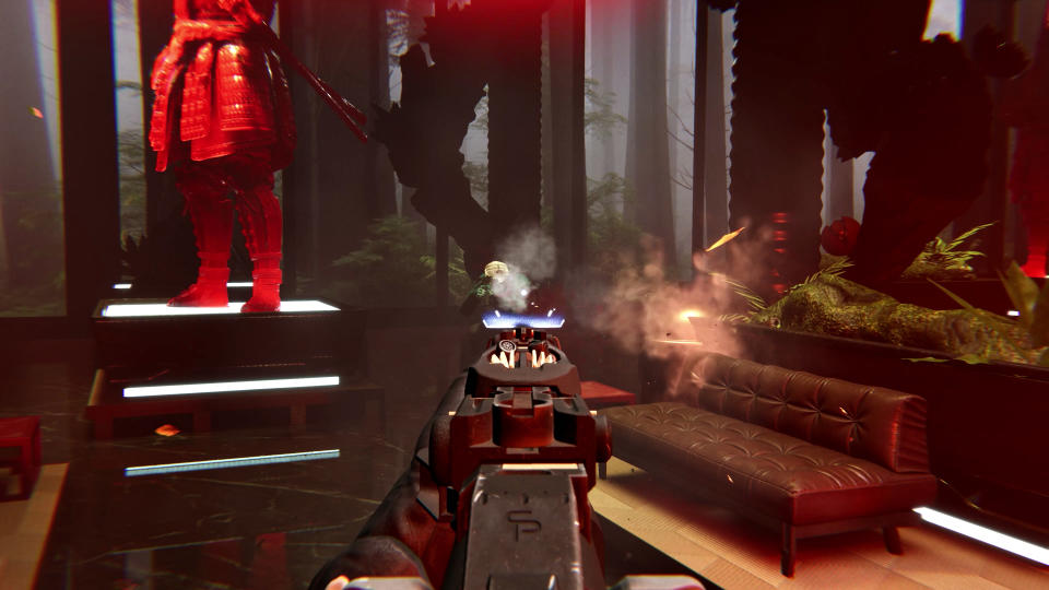 In Den of Wolves, the player opens fire on enemy security in an upscale room displaying a large, red samurai statue.