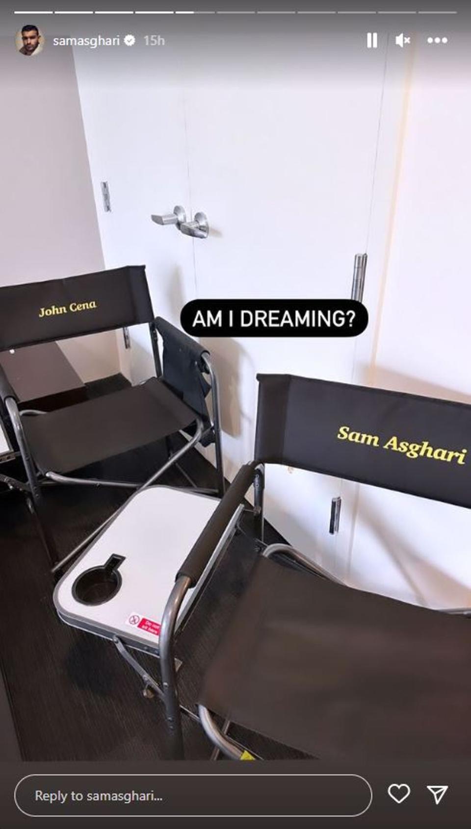 Sam Asghari shared an image of chairs on set featuring his and co-star John Cena’s names (Instagram)