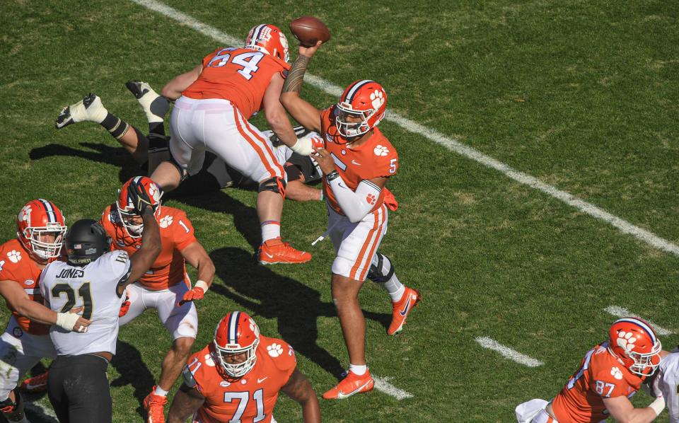 Clemson quarterback D.J. Uiagalelei throw from a clean pocket against Wake Forest.