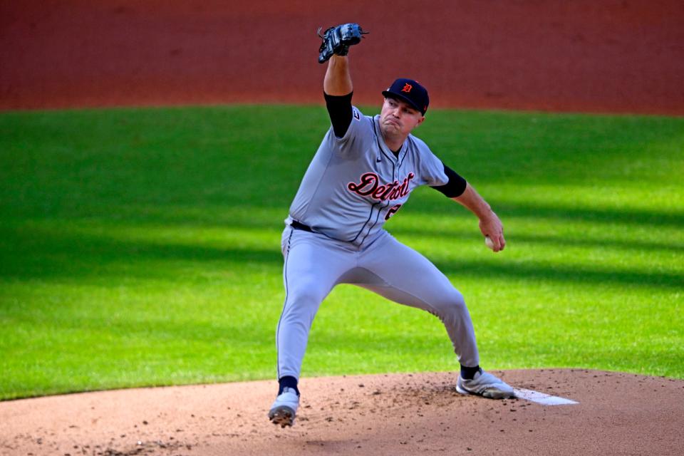 Tigers starting pitcher Tarik Skubal pitches during the first inning against the Guardians in Game 2 of the ALDS, Oct.. 7, 2024, in Cleveland.