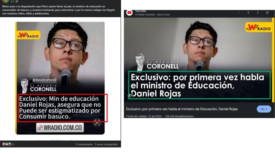 <span>Comparación entre capturas de pantalla de una publicación en Facebook (I) y una imagen en portal web de la emisora W Radio, hecha el 18 de julio de 2024</span>