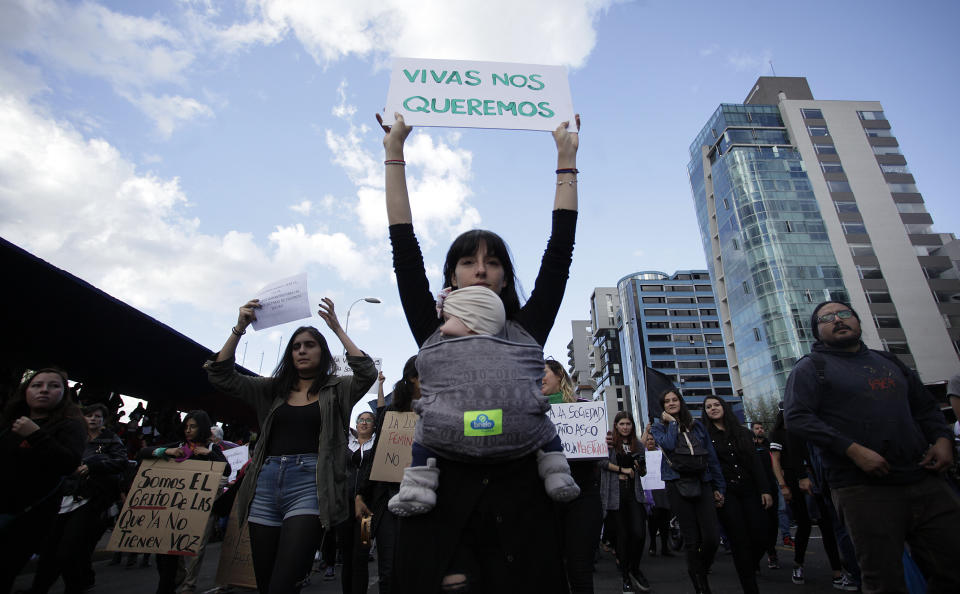 The gang rape of a woman in a bar in Quito, Ecuador, caused thousands of people to protest in the streets the gender violence with the hashtag #TodasSomosMartha, in Quito, Ecuador, Monday, Jan. 21, 2019. (Photo: NurPhoto via Getty Images)
