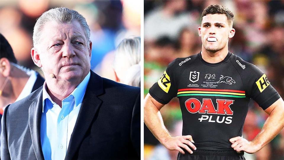 Channel Nine commentator Phil Gould (pictured left) before commentary and (pictured right) Nathan Cleary n the grand final.