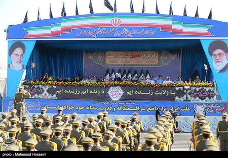 Iranian President Hassan Rouhani delivers a speech during the annual military parade marking in Tehran, Iran September 22, 2018. Tasnim News Agency/via REUTERS