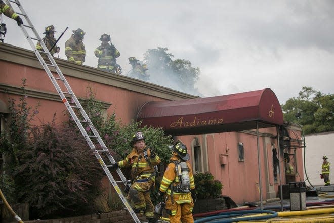 Nine fire departments battled a fire at Andiamo Restaurant in the town of Newburgh Sept. 6, 2017.