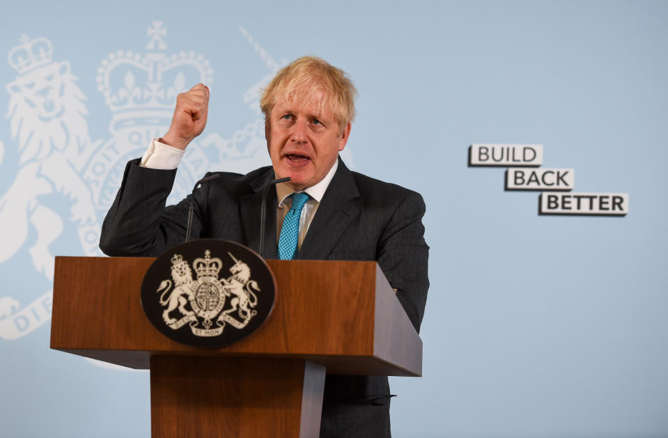 Prime Minister Boris Johnson delivers a speech during a visit to Exeter College Construction Centre, Exeter, in which he made a pledge to ensure there was "life-long" skills retraining opportunities after the coronavirus pandemic had exposed the "shortcomings" of the UK's educational system.