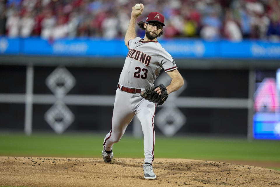 Arizona Diamondbacks starting pitcher Zac Gallen throws against the Philadelphia Phillies during the second inning in Game 1 of the baseball NL Championship Series in Philadelphia, Monday, Oct. 16, 2023. (AP Photo/Brynn Anderson)