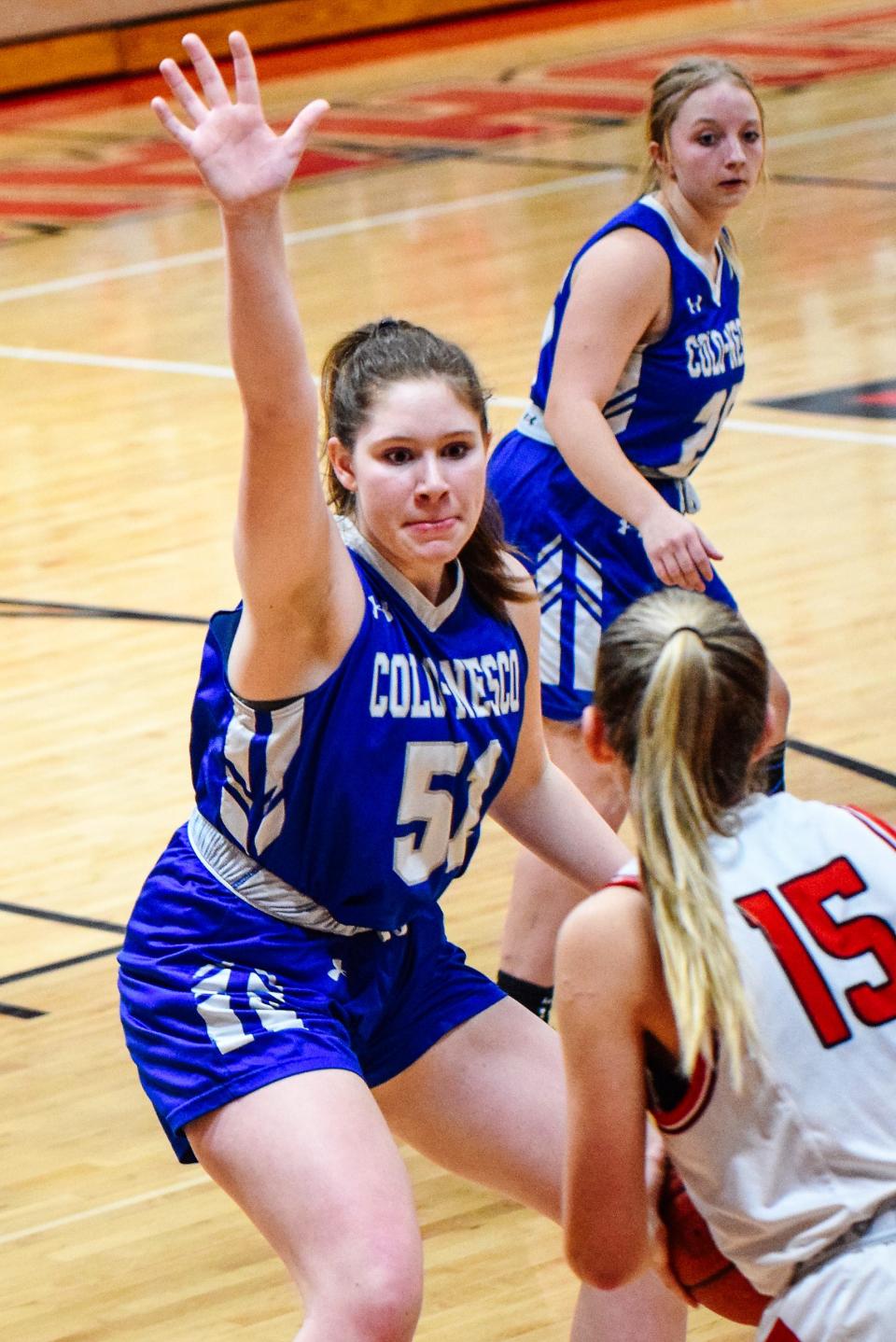 Colo-NESCO's Abbie Kettwig defends North Tama's Izzy Hallett during the Royals' 46-23 loss to the Redhawks Friday in Traer.