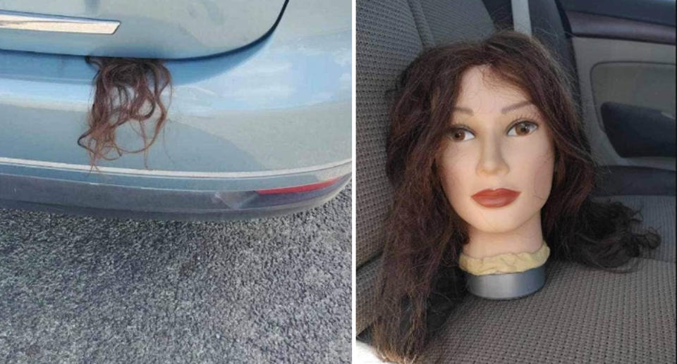 Left, the strands of hair showing from the car boot. Right, the mannequin head sits in the backseat of the car. 