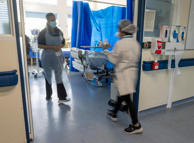 A general view of staff on a NHS hospital ward at Ealing Hospital in London