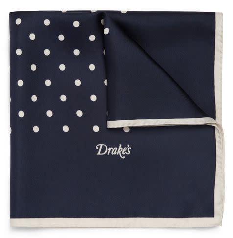 <a href="http://www.mrporter.com/mens/Drakes/polka-dot-silk-pocket-square/341323" target="_blank">Drake's Polka-Dot Silk Pocket Square</a>, $85