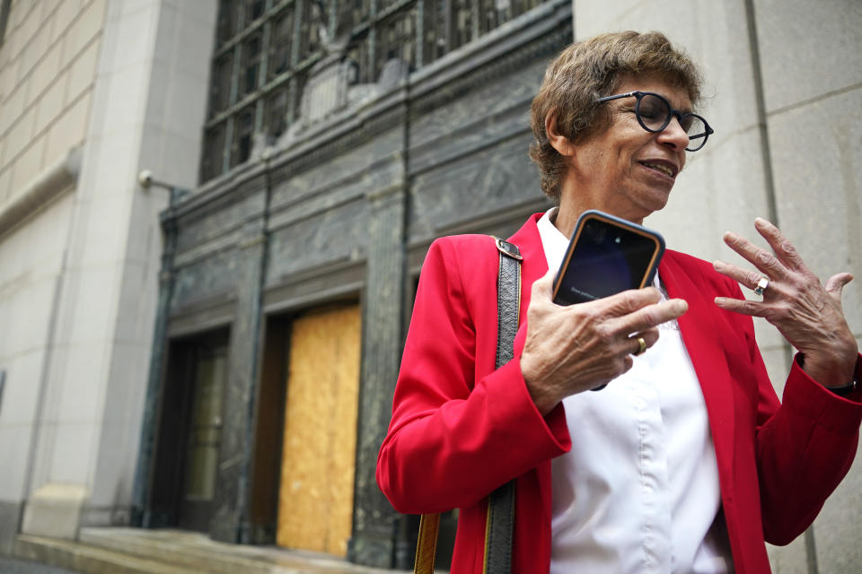 Ellen Surloff, vice president of Congregation Dor Hadash, talks with reporters after Robert Bowers was found guilty, Friday, June 16, 2023, in Pittsburgh. Bowers, a truck driver who spewed hatred of Jews, was convicted Friday of barging into a Pittsburgh synagogue on the Jewish Sabbath and fatally shooting 11 congregants in an act of antisemitic terror for which he could be sentenced to die. (AP Photo/Gene J. Puskar)