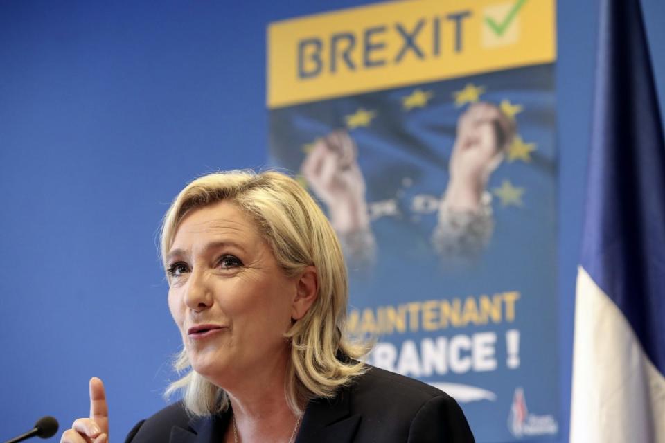 French far-right leader Marine Le Pen speaks during a press conference at the National Front party headquarters in Nanterre, outside Paris, June 24, 2016. (Photo: Kamil Zihnioglu/AP)