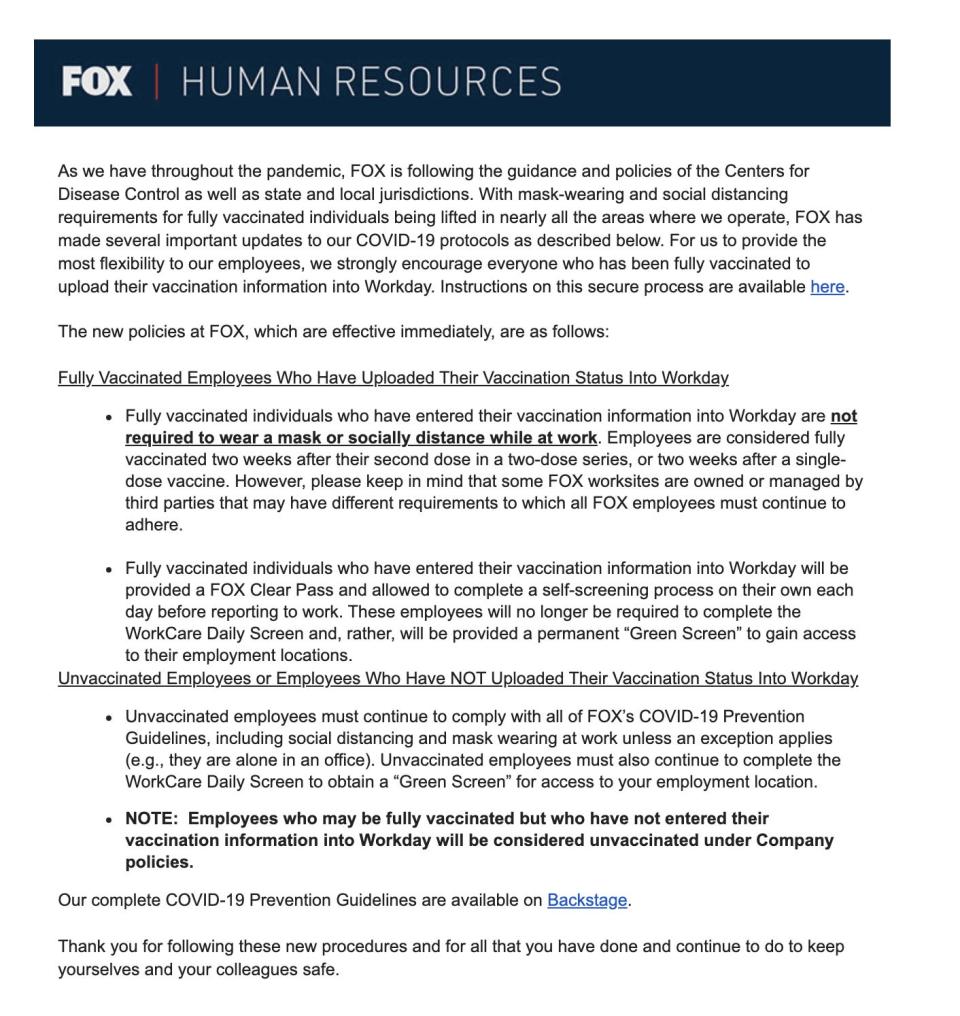 A Fox Corporation HR memo on COVID-19 return to office protocols.