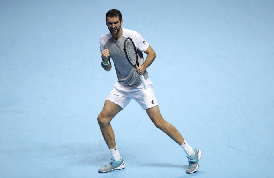 Croatia's Marin Cilic celebrates a point during the ATP Men's Singles Final against Alexander Zverev, at The O2 Arena in London, Monday Nov. 12, 2018. Cilic made 46 unforced errors as he gave up a break advantage in both sets in losing to Alexander Zverev on Monday. (Adam Davy/PA via AP)