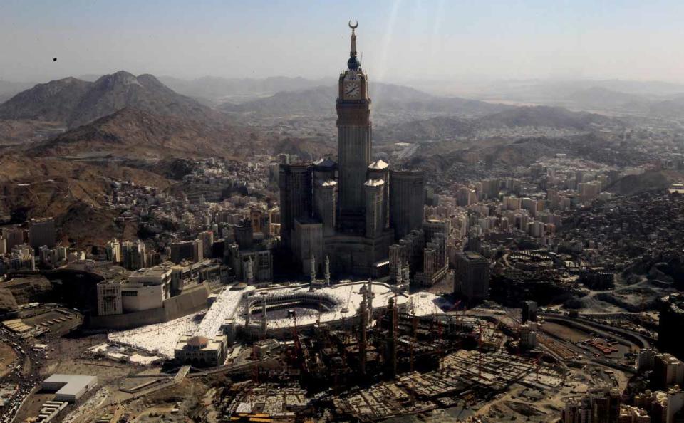 The Abraj Al Bait Towers in Mecca, Saudi Arabia, commonly referred to as the Mecca Royal Hotel Clock Tower. Its clock is visible from 17 kilometres away in the middle of the night and is six times bigger than London's Big Ben.