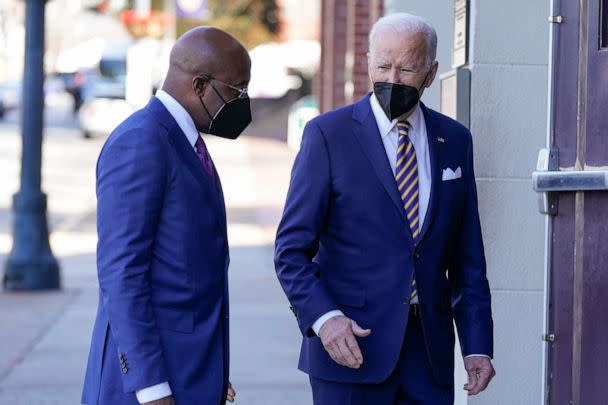 PHOTO: In this Jan. 11, 2022, file photo, President Joe Biden and Sen. Raphael Warnock enter Ebenezer Baptist Church in Atlanta. (Patrick Semansky/AP, FILE)