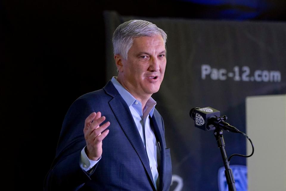 Pac-12 Commissioner George Kliavkoff speaks during Pac-12 Conference NCAA college basketball media day Tuesday, Oct. 12, 2021, in San Francisco. (AP Photo/Jeff Chiu)