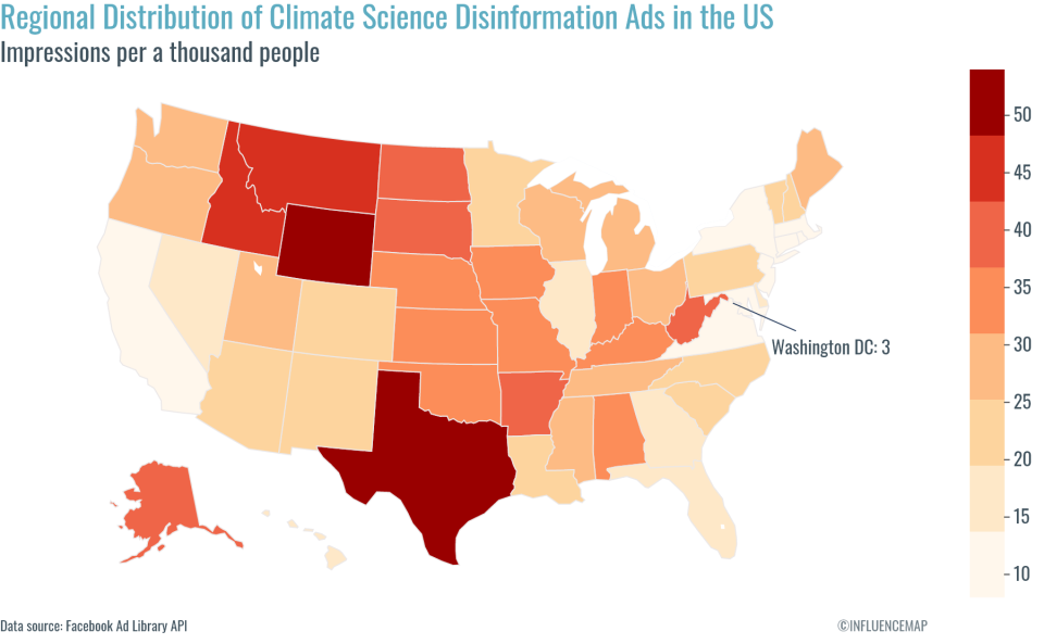 The distribution of climate disinformation ads across the US this year, according to a new studyInfluenceMap