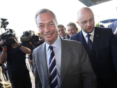 Nigel Farage, the outgoing leader of the United Kingdom Independence Party (UKIP), arrives at the party's annual conference in Bournemouth, Britain, September 16, 2016. REUTERS/Toby Melville