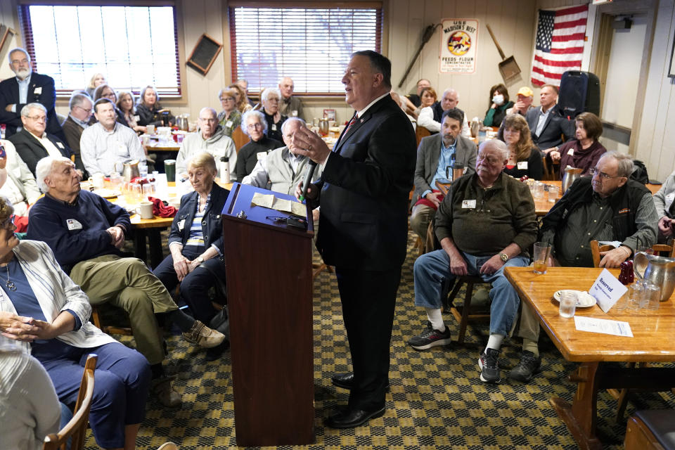 Former Secretary of State Mike Pompeo speaks at the West Side Conservative Club, Friday, March 26, 2021, in Urbandale, Iowa. (AP Photo/Charlie Neibergall)