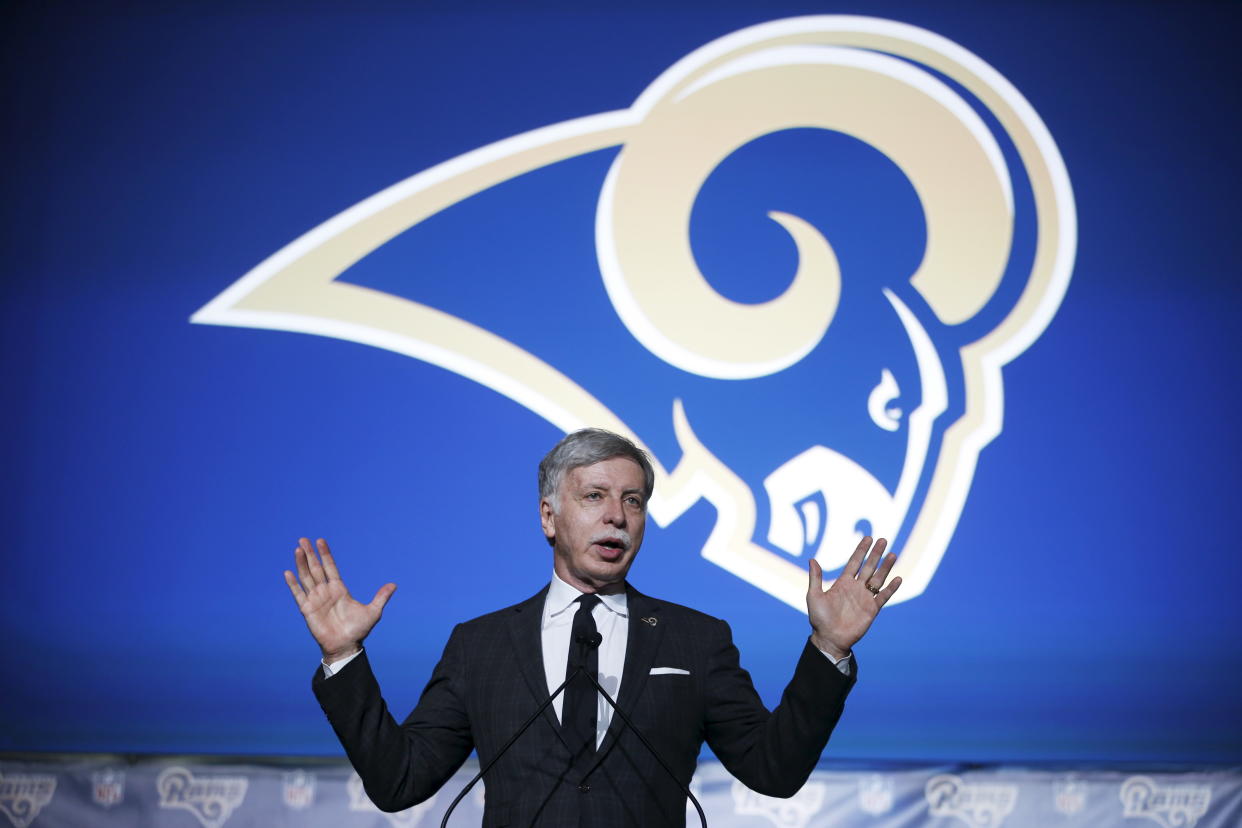 Los Angeles Rams owner Stan Kroenke speaks at a celebration to welcome NFL team, the Los Angeles Rams, at the Forum in Inglewood, Los Angeles, California, United States, January 15, 2016. The St. Louis Rams are moving to Los Angeles after National Football League owners voted to approve their relocation efforts on Tuesday and gave the San Diego Chargers the option to join them. The Rams' proposal to relocate to a planned $1.85 billion facility in Inglewood, roughly 10 miles from downtown Los Angeles, was approved by owners by a vote of 30-2 according to a report on the NFL's website. REUTERS/Lucy Nicholson