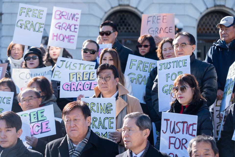 A rally for the release of Grace Yoo Chan was held on the courthouse steps asking for her release as she awaits trial. Grace Yoo Chan is brought before Bergen County Superior Court Judge Kevin J. Purvin for a status conference on her detention, after being accused of abusing and killing her 3-month-old son in March 2022.