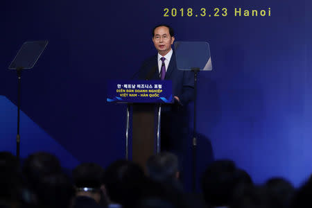 FILE PHOTO: Vietnamese President Tran Dai Quang speaks at the Vietnam-Korea Business Forum in Hanoi, Vietnam 23 March 2018. Pool via REUTERS/File Photo