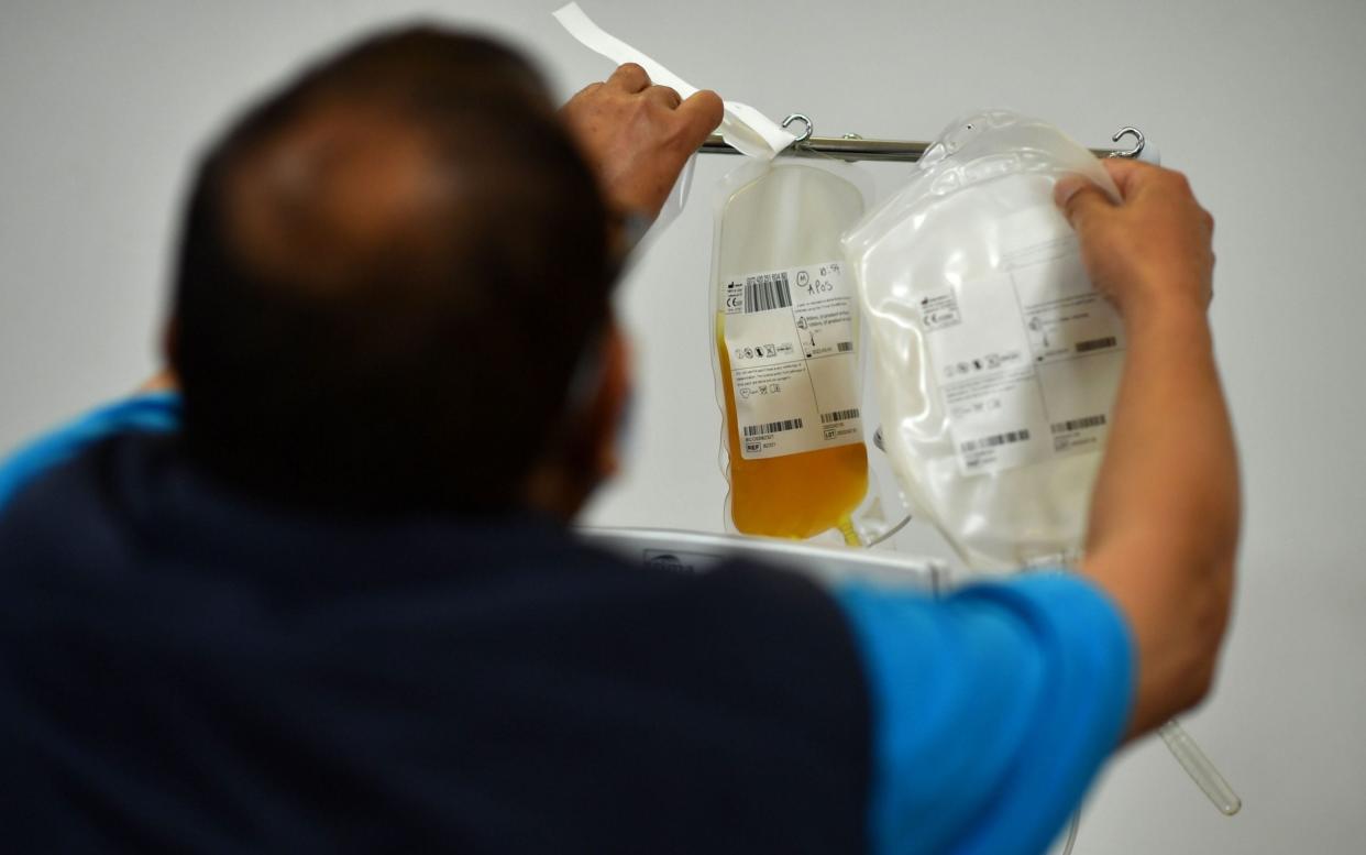 A blood plasma sample at a donor centre in Twickenham, south-west London - AFP