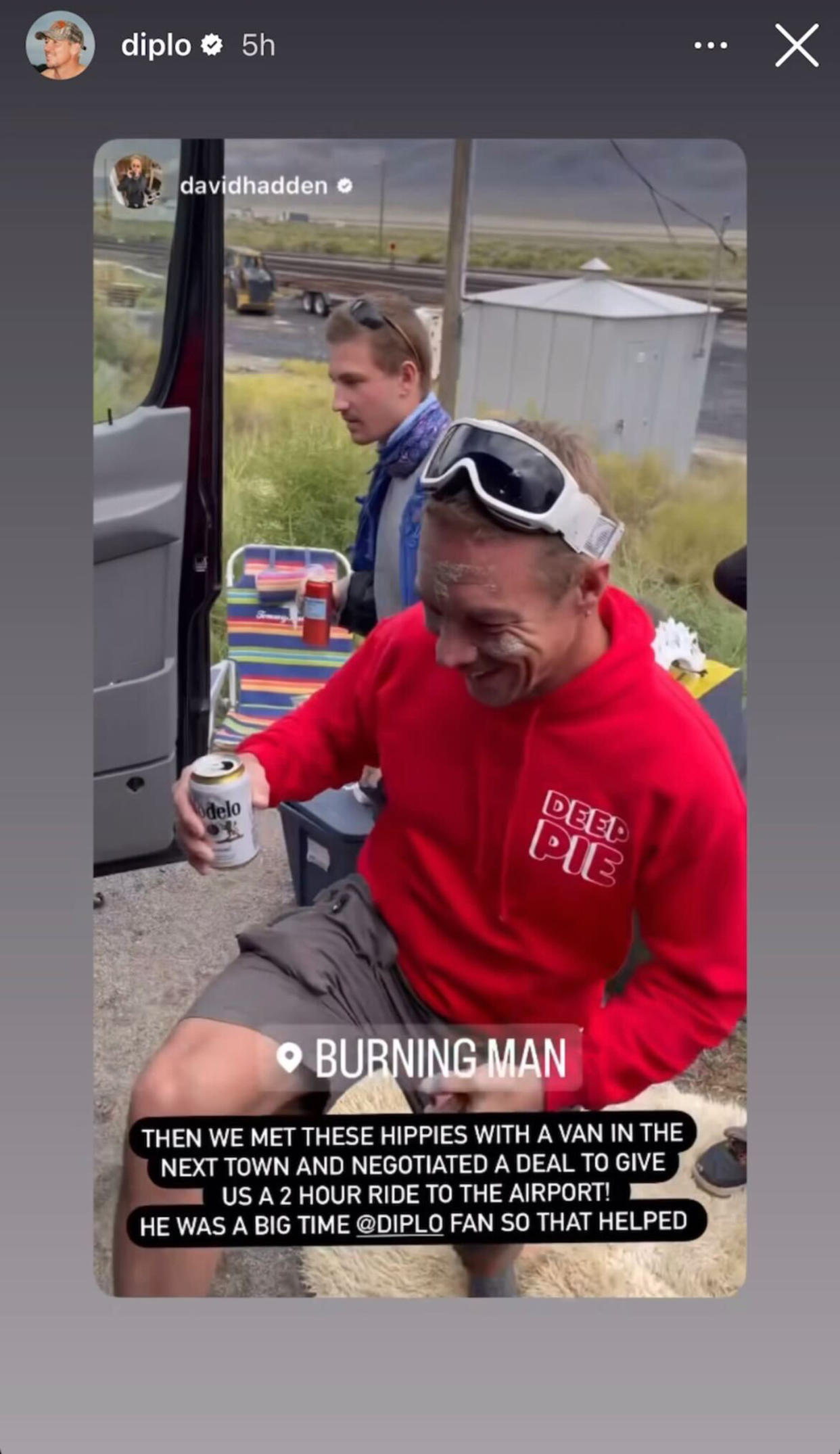 Diplo was able to hitchhike his way out of the desert to catch a flight in Reno, Nevada. (Diplo / Instagram)