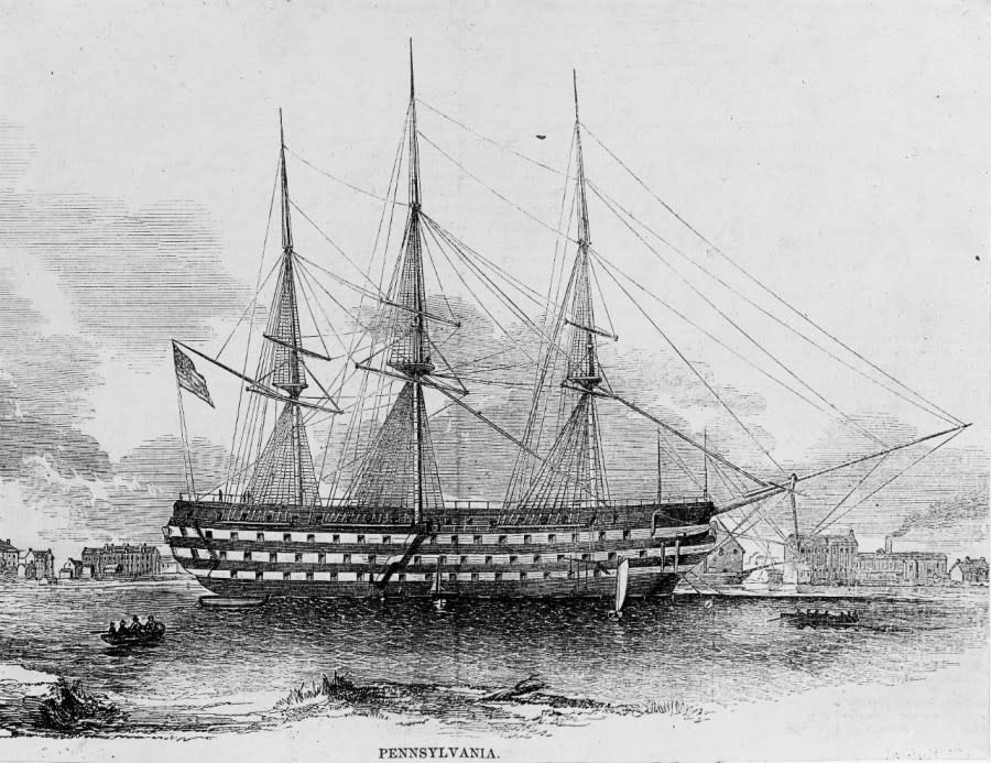 Line engraving published in Gleason’s Pictorial, 9 July 1853, showing the ship at anchor off the Norfolk Navy Yard, Portsmouth, Virginia, where she was the receiving ship. This view is represents most of the right half of a longer original engraving entitled View of the United States Navy Yard at Gosport, opposite Norfolk, Virginia. (U.S. Naval History and Heritage Command Photograph.)