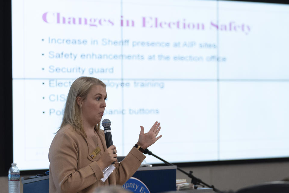 Tate Fall, director of Cobb County Elections, speaks during an election security training session at Cobb County Emergency Management headquarters Aug. 23, 2024, in Marietta. (AP Photo/John Bazemore)