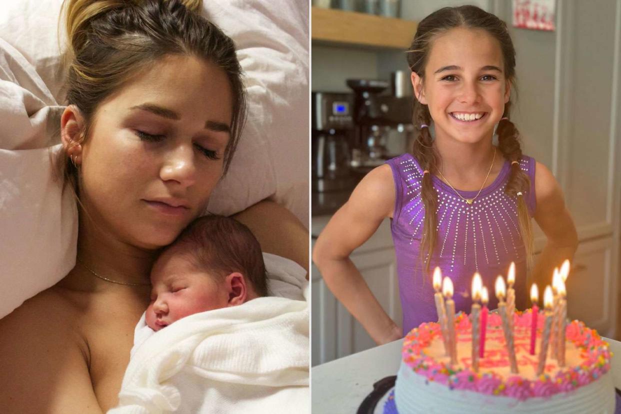 <p>jessie james decker/instagram</p> Jessie James Decker with daughter Vivianne on the day of her birth (L), Vivianne on her 10th birthday (R)