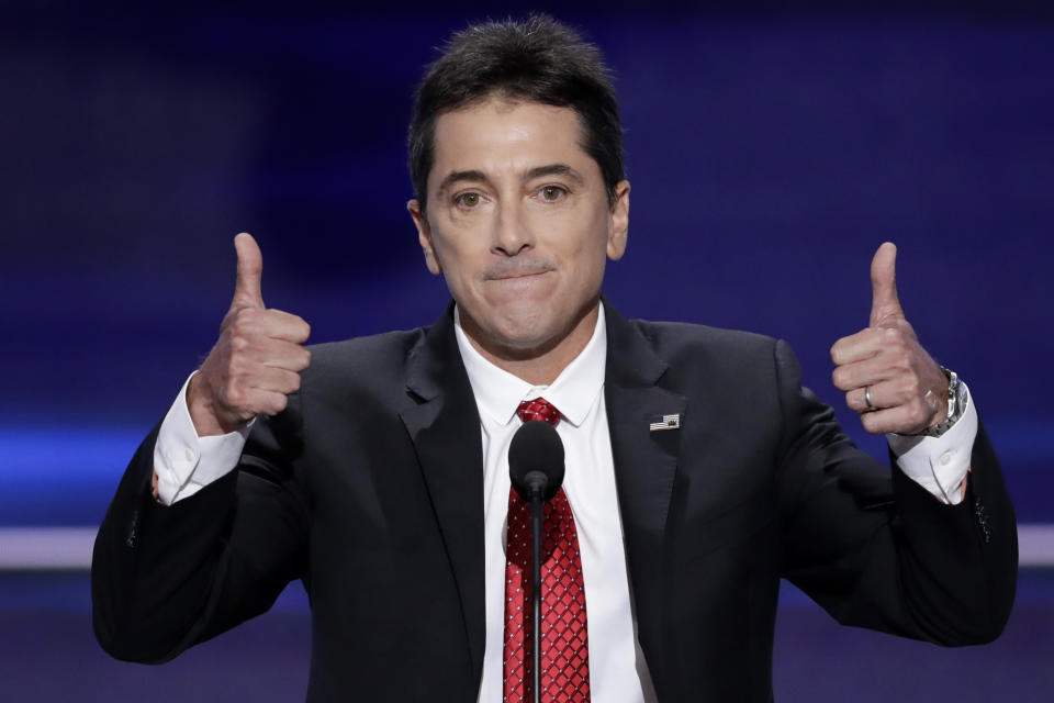 FILE - In this July 18, 2016 file photo, actor Scott Baio gives two thumbs up after addressing the delegates during the opening day of the Republican National Convention in Cleveland. The entertainment industry’s liberal bent, combined with election-season outrage over President-elect Donald Trump’s controversial comments on women and minorities, left Trump persona non grata with most A-listers, particularly those who have rolled in President Barack Obama’s circles. (AP Photo/J. Scott Applewhite, File)