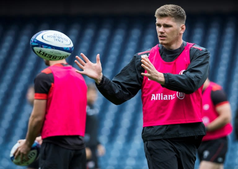 Saracens and England fly-half Owen Farrell takes part in a training session at Murrayfield Stadium in Edinburgh in May 2017