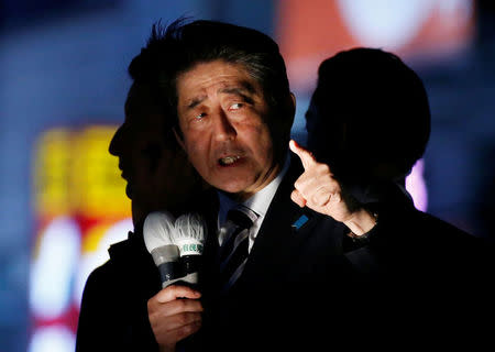 Japan's Prime Minister Shinzo Abe, who is also the ruling Liberal Democratic Party leader, makes a speech at an election campaign rally in Tokyo, Japan October 18, 2017. REUTERS/Toru Hanai