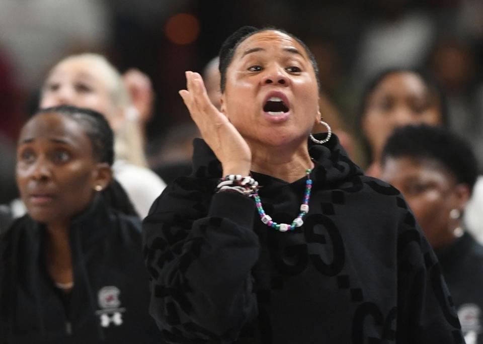 South Carolina head coach Dawn Staley instructs her team during the second quarter of the SEC Women's Basketball Tournament championship game.